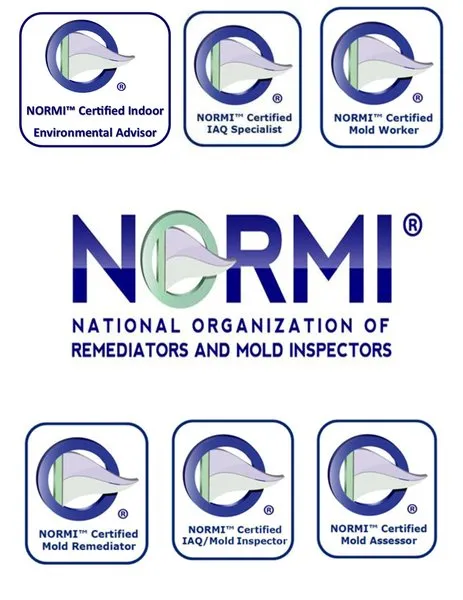 NORMI Certification Badges - Certified Indoor Environmental Advisor, IAQ Specialist, Mold Worker, Mold Remediator, IAQ/Mold Inspector, Mold Assessor